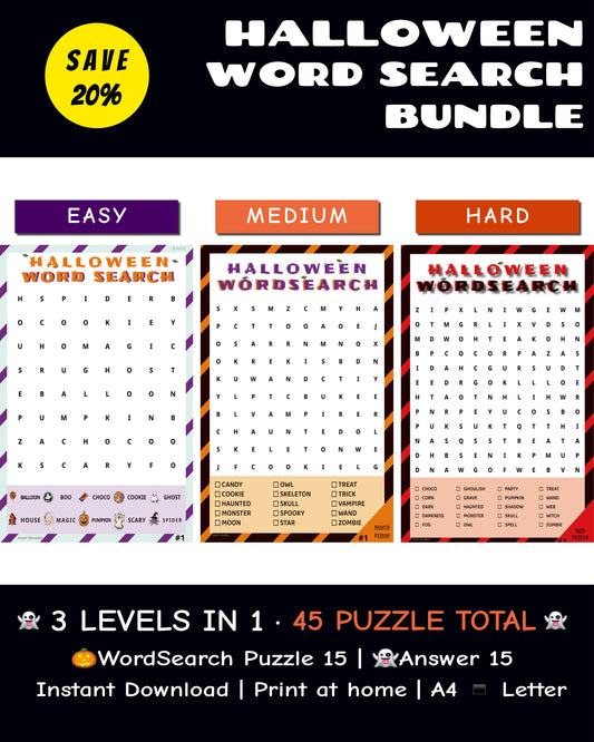 Halloween Word Search Bundle – 3 Levels 45 Puzzles + Answers | Color PDF
