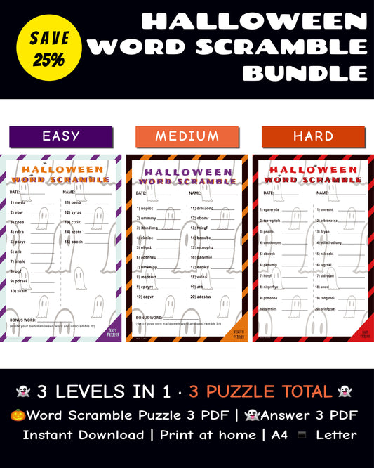 Halloween Word Scramble Printable Game Bundle – Family Edition- Easy, Medium, Hard (Color + B&W)