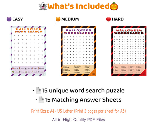 Halloween Word Search Bundle – 3 Levels 45 Puzzles + Answers | Color PDF