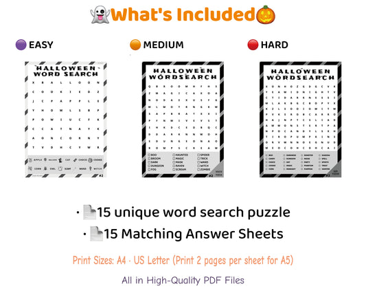Halloween Word Search Bundle – 3 Levels 45 Puzzles + Answers | Black & White PDF