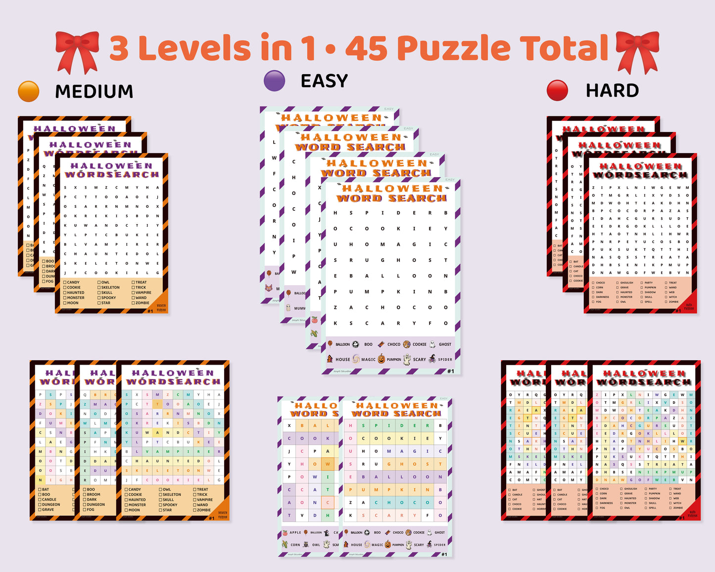 Halloween Word Search Bundle – 3 Levels 45 Puzzles + Answers | Color PDF