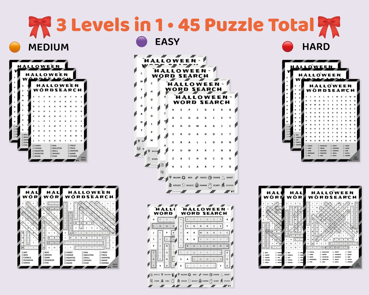 Halloween Word Search Bundle – 3 Levels 45 Puzzles + Answers | Black & White PDF