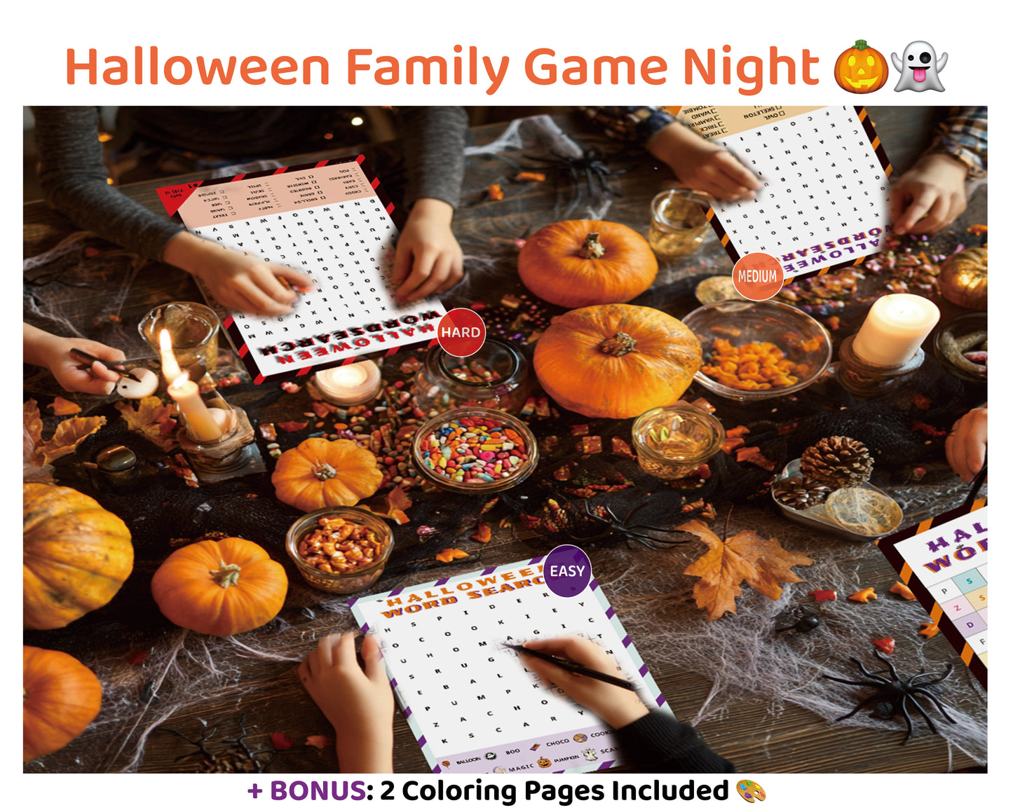 Halloween Word Search Bundle – 3 Levels 45 Puzzles + Answers | Color PDF