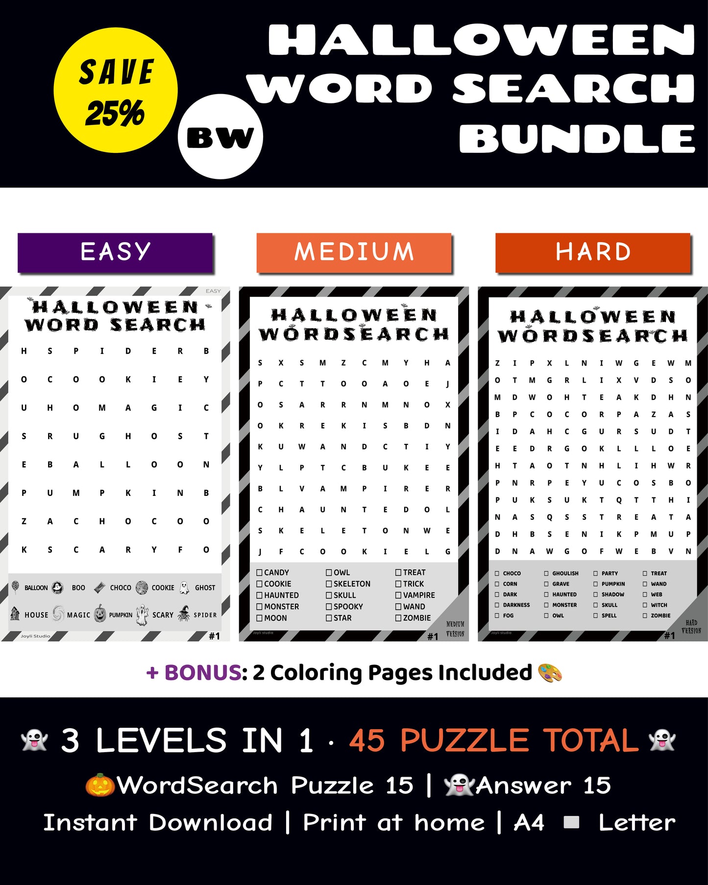 Halloween Word Search Bundle – 3 Levels 45 Puzzles + Answers | Black & White PDF