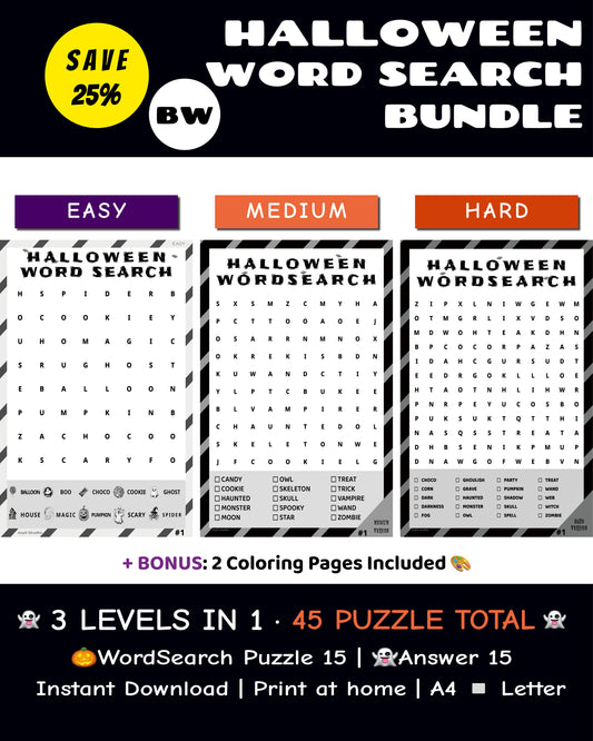 Halloween Word Search Bundle – 3 Levels 45 Puzzles + Answers | Black & White PDF