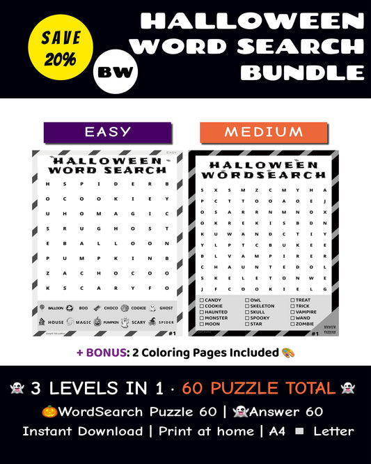 Halloween Word Search Classroom Bundle – Easy & Medium (Black & White)