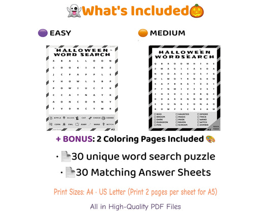 Printable Halloween Word Search Game Set – 60 B&W Worksheets