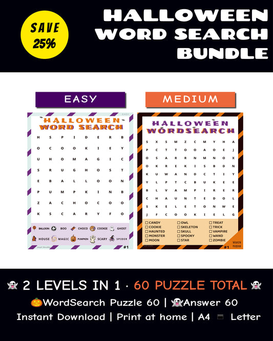 Halloween Word Search – Classroom Bundle | 60 Color Puzzles (Easy + Medium)