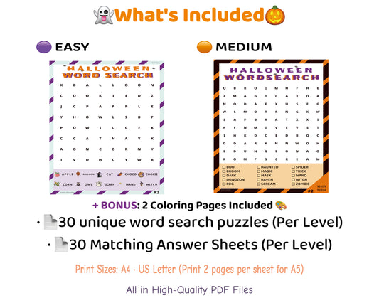 Halloween Word Search – Classroom Bundle | 60 Color Puzzles (Easy + Medium)