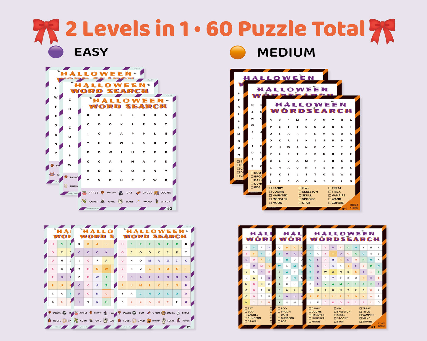 Halloween Word Search – Classroom Bundle | 60 Color Puzzles (Easy + Medium)