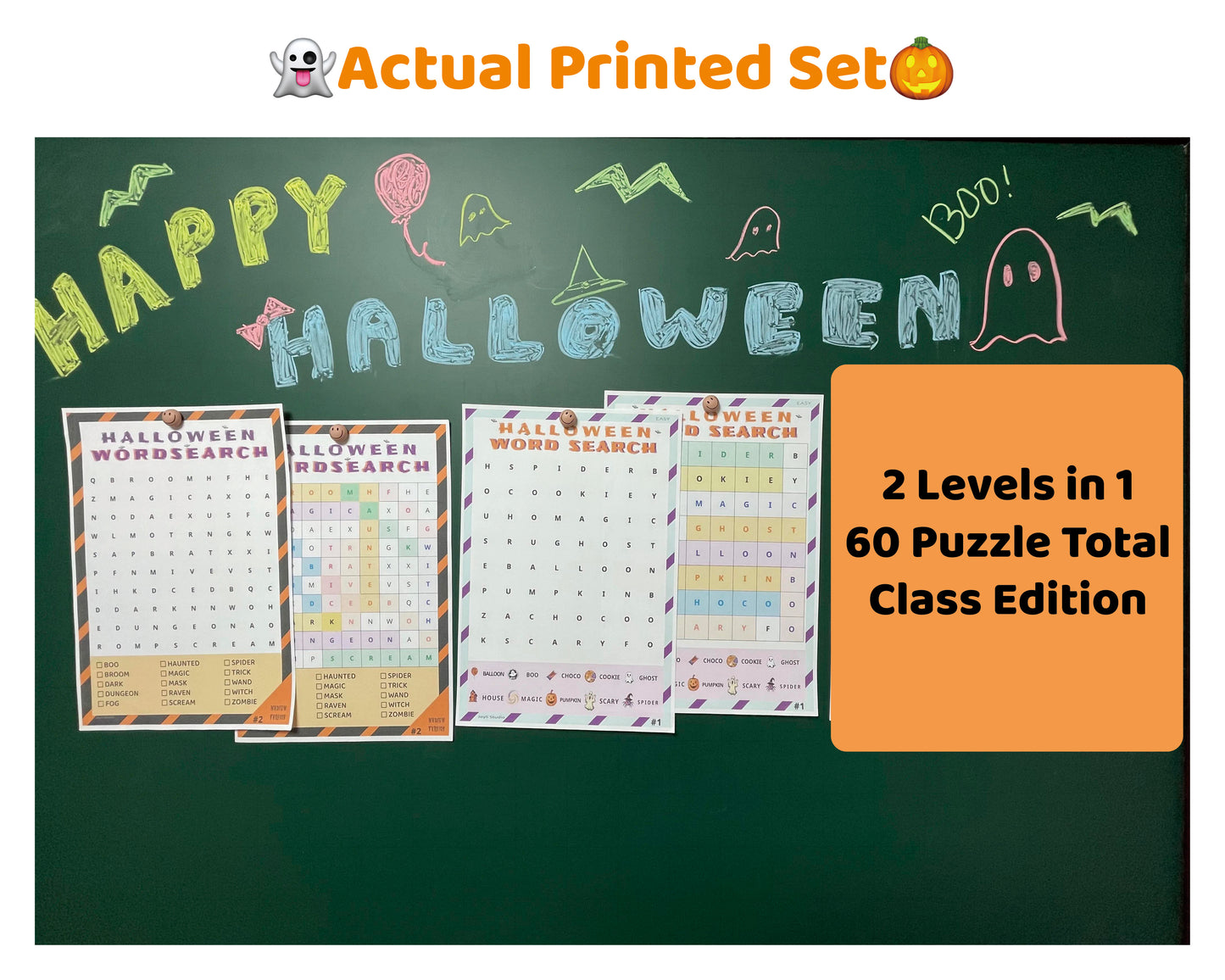 Halloween Word Search – Classroom Bundle | 60 Color Puzzles (Easy + Medium)