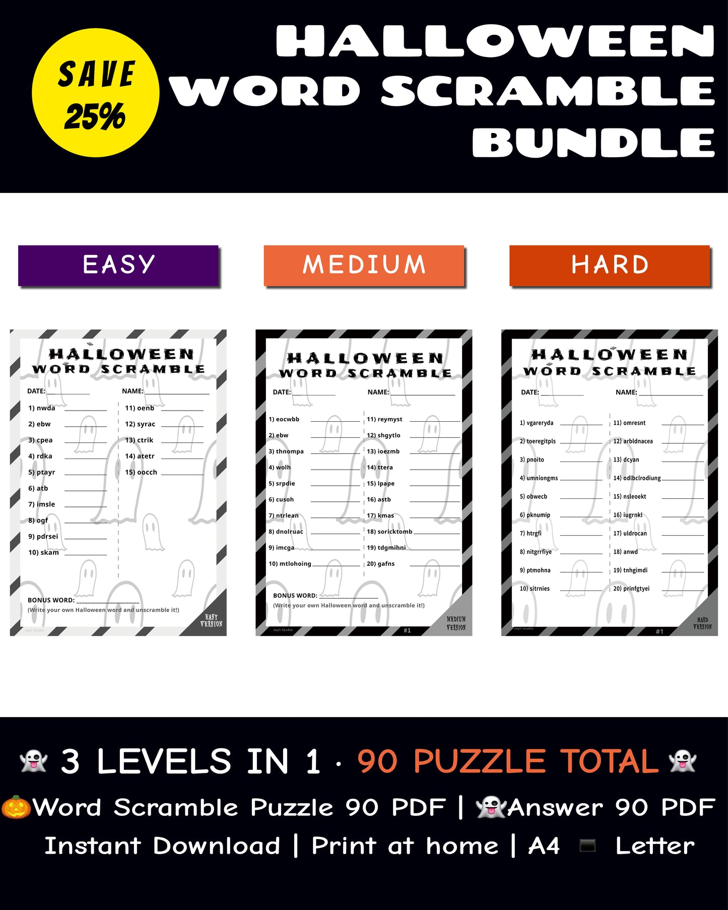 Halloween Word Scramble – Classroom Bundle | 90 B&W Puzzles (Easy + Medium + Hard)