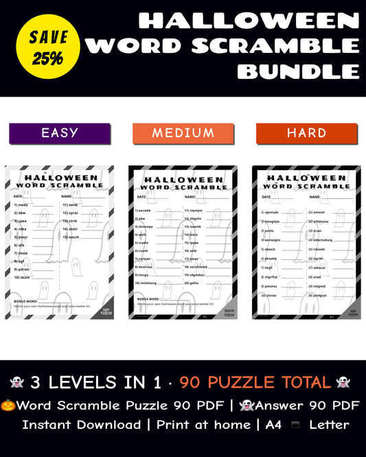 Halloween Word Scramble – Classroom Bundle | 90 B&W Puzzles (Easy + Medium + Hard)