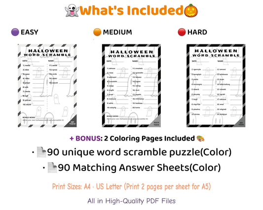 Halloween Word Scramble – Classroom Bundle | 90 B&W Puzzles (Easy + Medium + Hard)