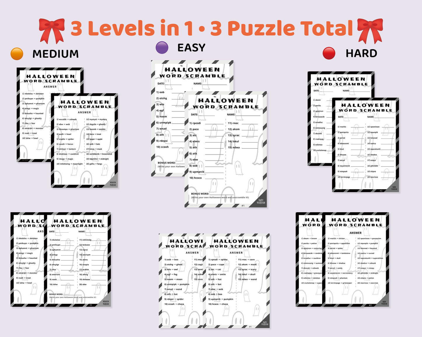 Halloween Word Scramble – Classroom Bundle | 90 B&W Puzzles (Easy + Medium + Hard)