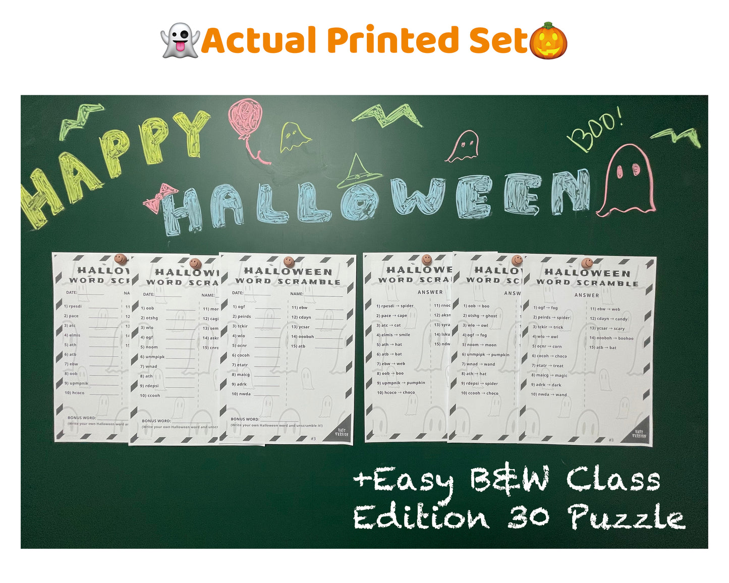 Halloween Word Scramble – Classroom Bundle | 90 B&W Puzzles (Easy + Medium + Hard)
