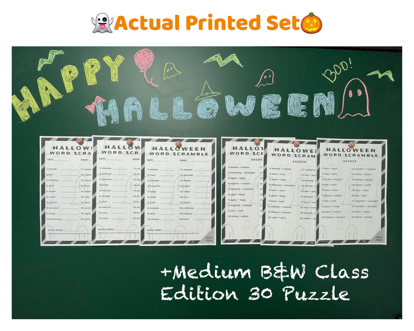 Halloween Word Scramble – Classroom Bundle | 90 B&W Puzzles (Easy + Medium + Hard)