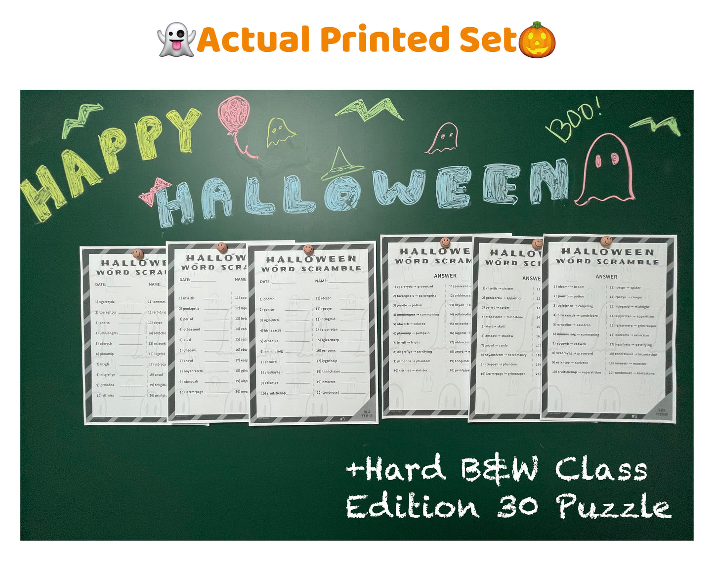 Halloween Word Scramble – Classroom Bundle | 90 B&W Puzzles (Easy + Medium + Hard)