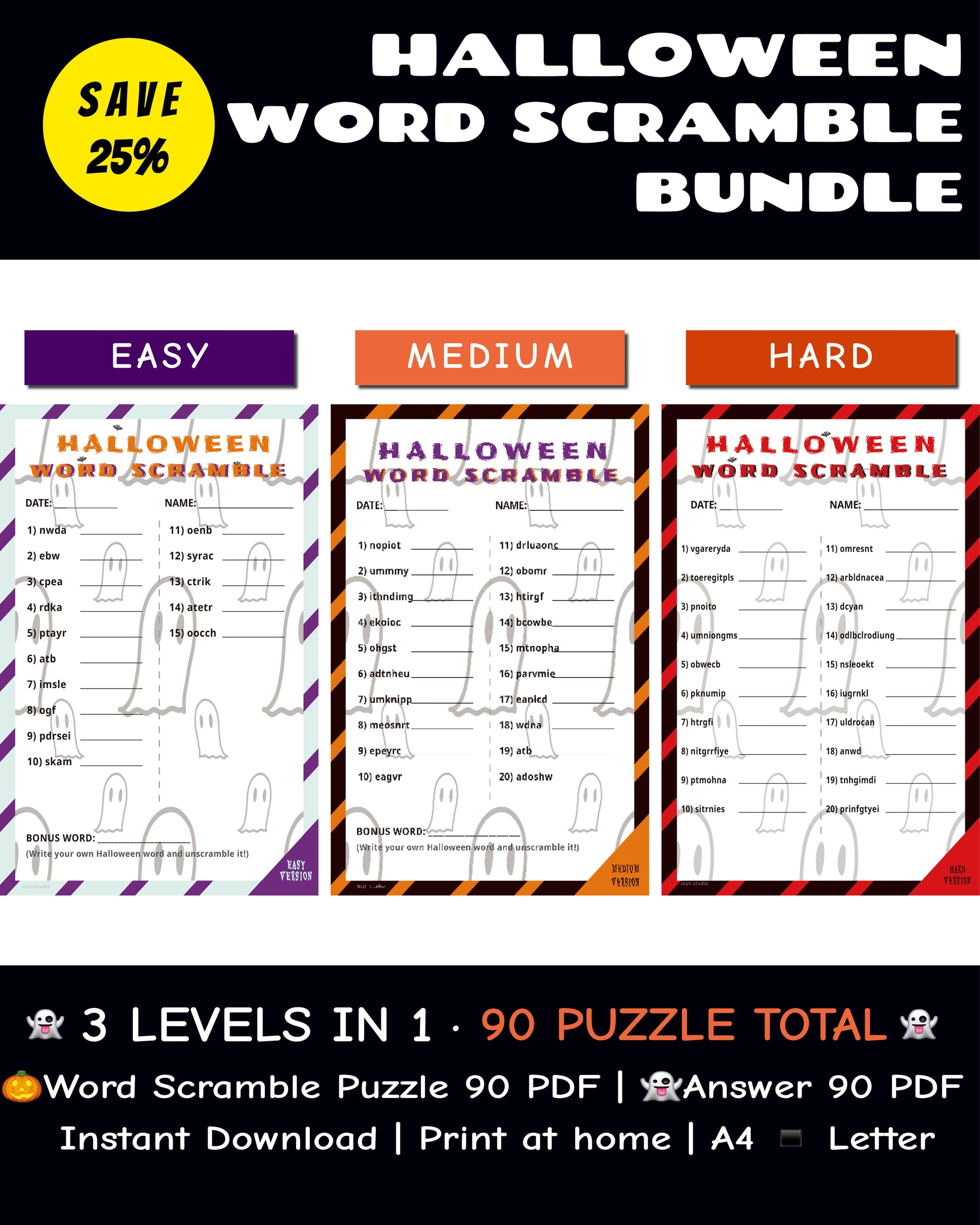 Halloween Word Scramble Classroom Bundle – Easy, Medium, Hard (Color)