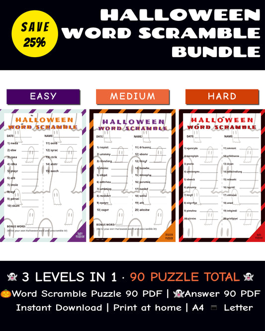 Halloween Word Scramble Classroom Bundle – Easy, Medium, Hard (Color)