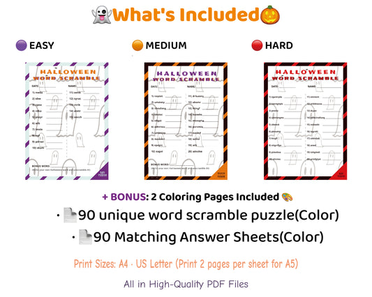Printable Halloween Word Scramble Game Set – 90 Color Puzzles for Classrooms