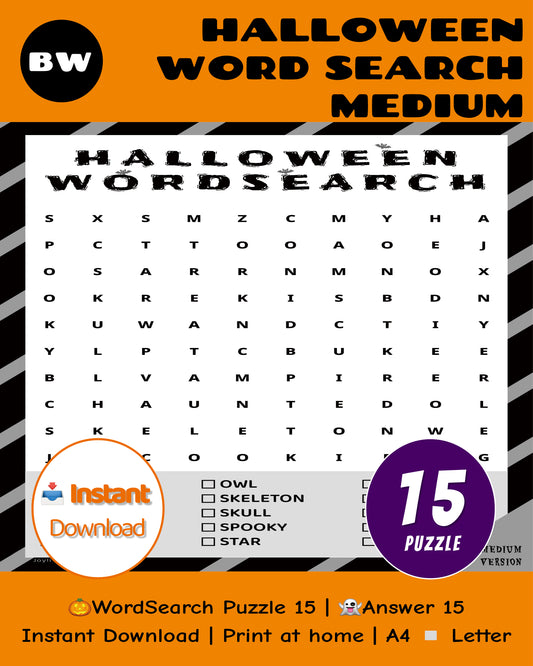 Halloween Word Search Printable Medium – 15 Puzzles + Answers | Black & White PDF