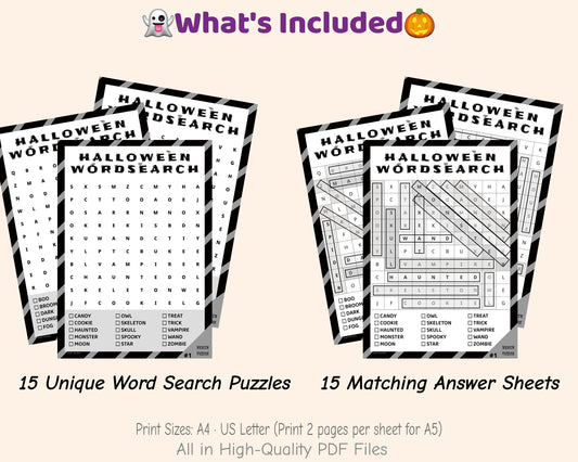Halloween Word Search Printable Medium – 15 Puzzles + Answers | Black & White PDF