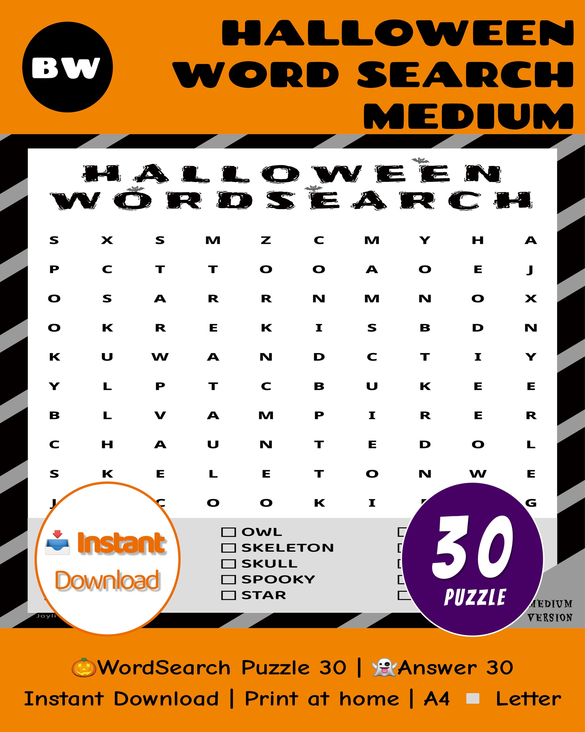 Halloween Word Search Medium Classroom Edition – Black & White Worksheets