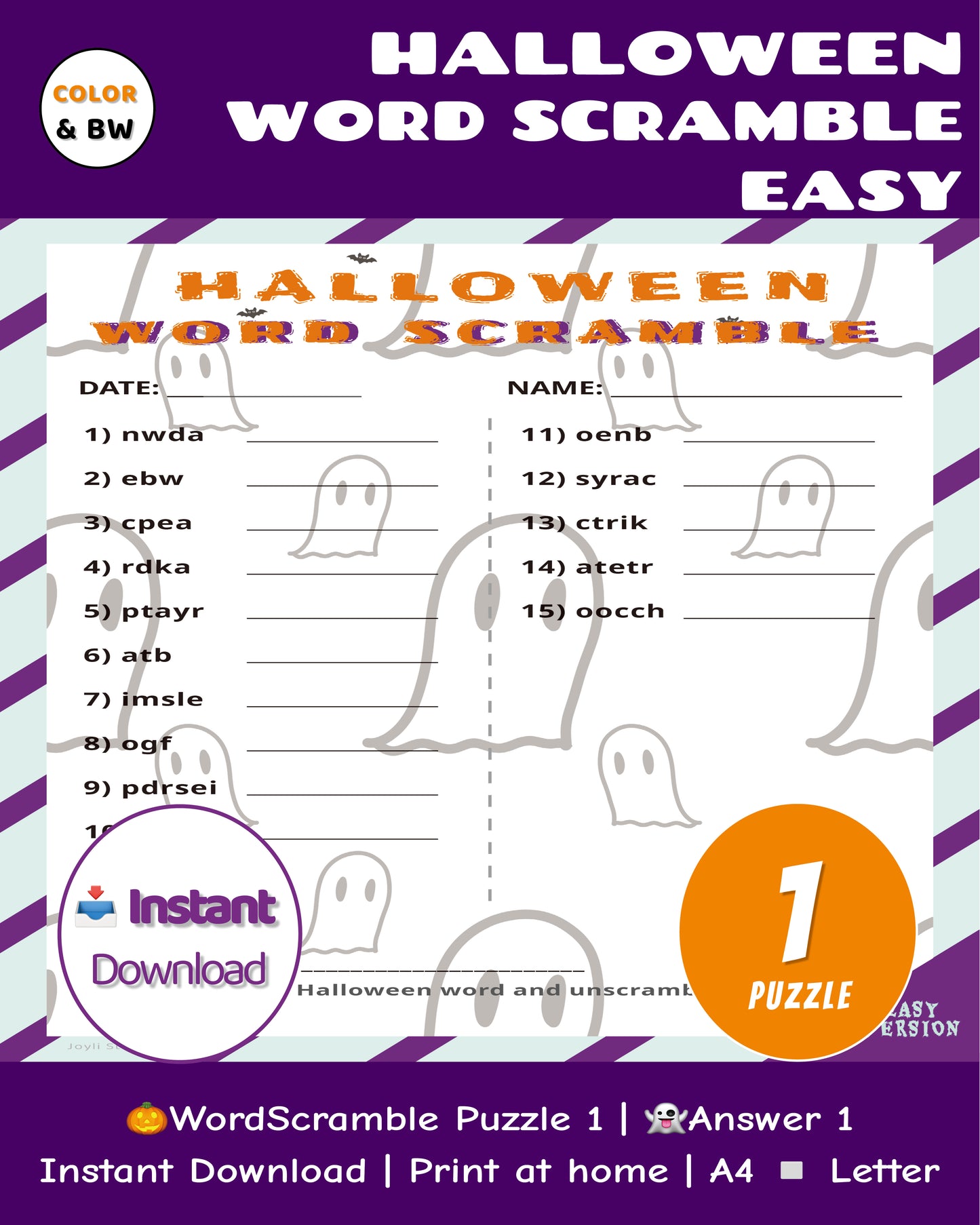 Halloween Word Scramble Printable Game - Easy Family Edition | Kids Party Activity