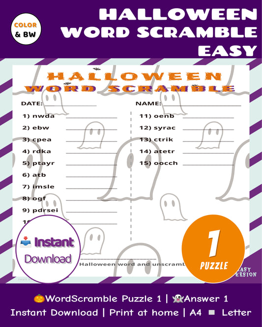 Halloween Word Scramble Printable Game - Easy Family Edition | Kids Party Activity