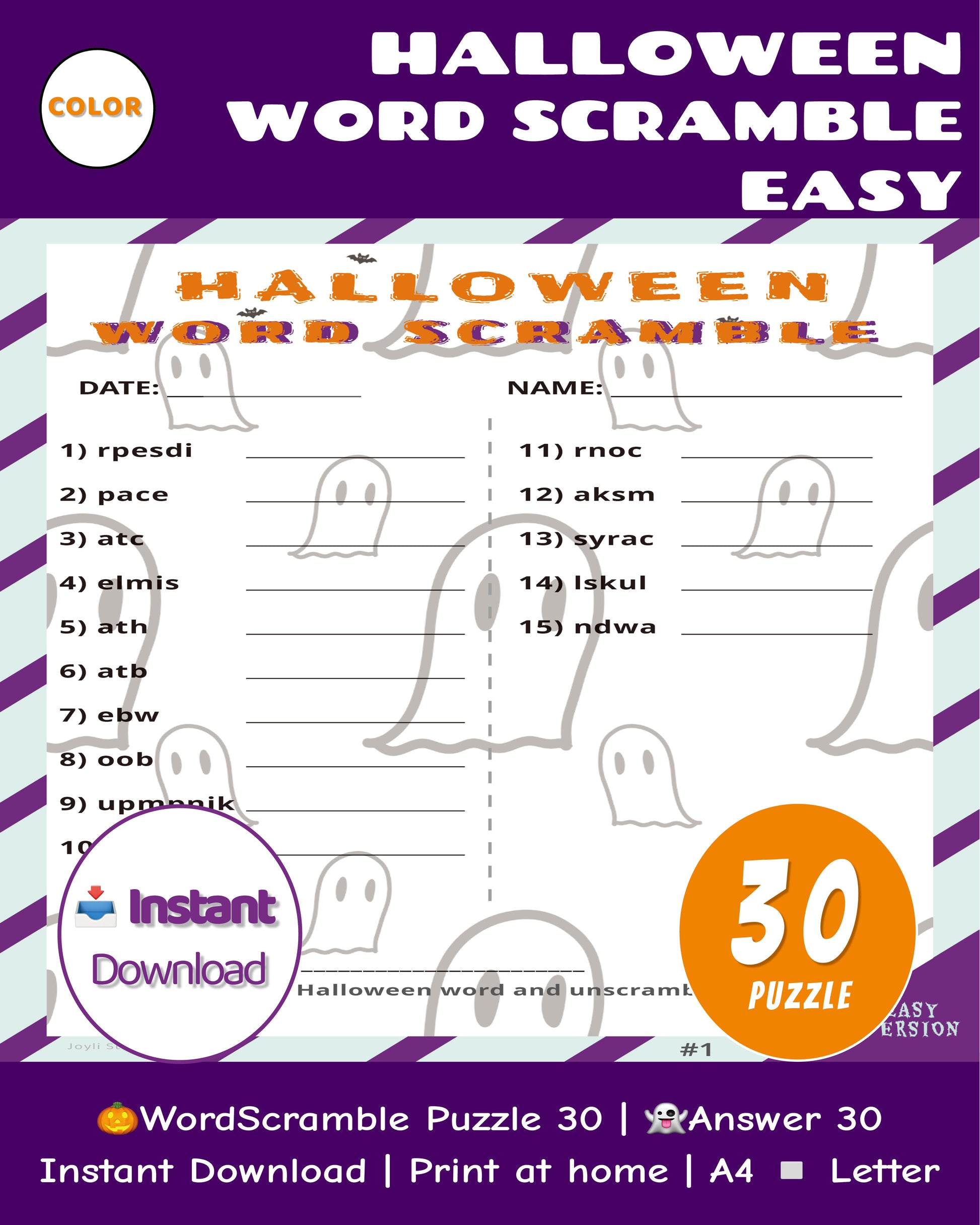 🎃 Halloween Word Scramble Easy Classroom Edition – Cover Thumbnail (30 Color Puzzles)