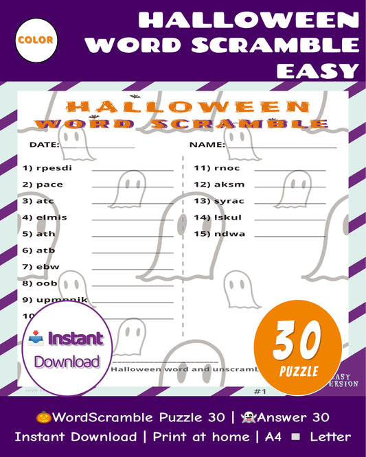 🎃 Halloween Word Scramble Easy Classroom Edition – Cover Thumbnail (30 Color Puzzles)