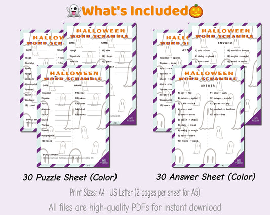 Printable Halloween Word Scramble Game for Classrooms – Easy Level (PDF)