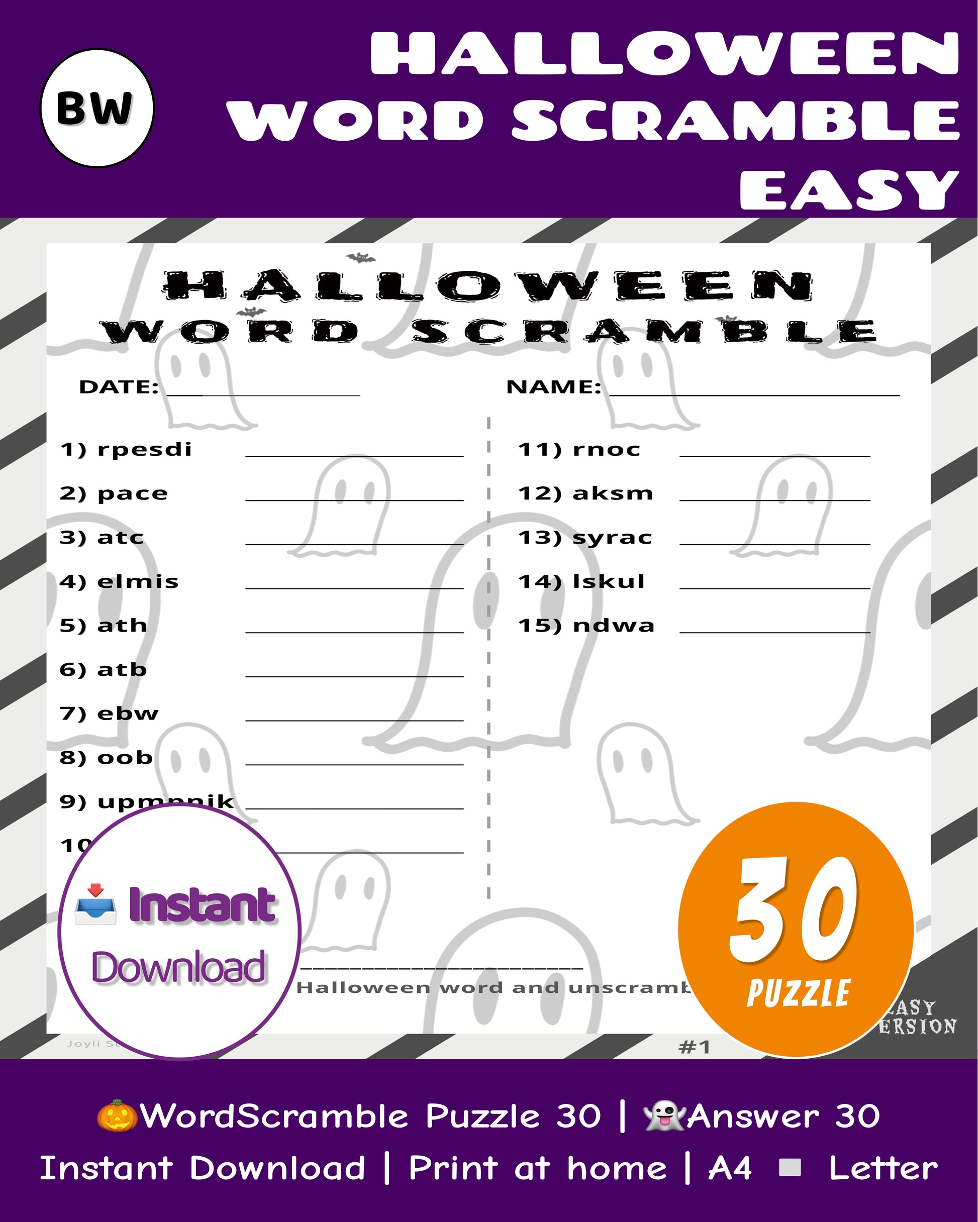 Halloween Word Scramble Easy Family Edition – Black & White Puzzle