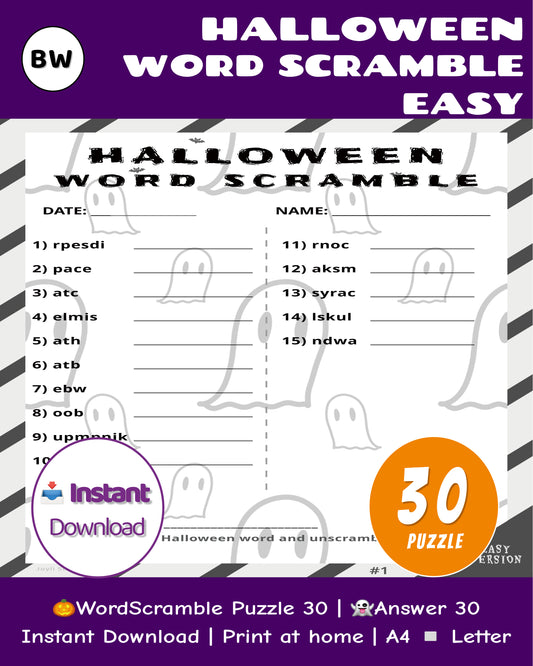 Halloween Word Scramble Easy Family Edition – Black & White Puzzle