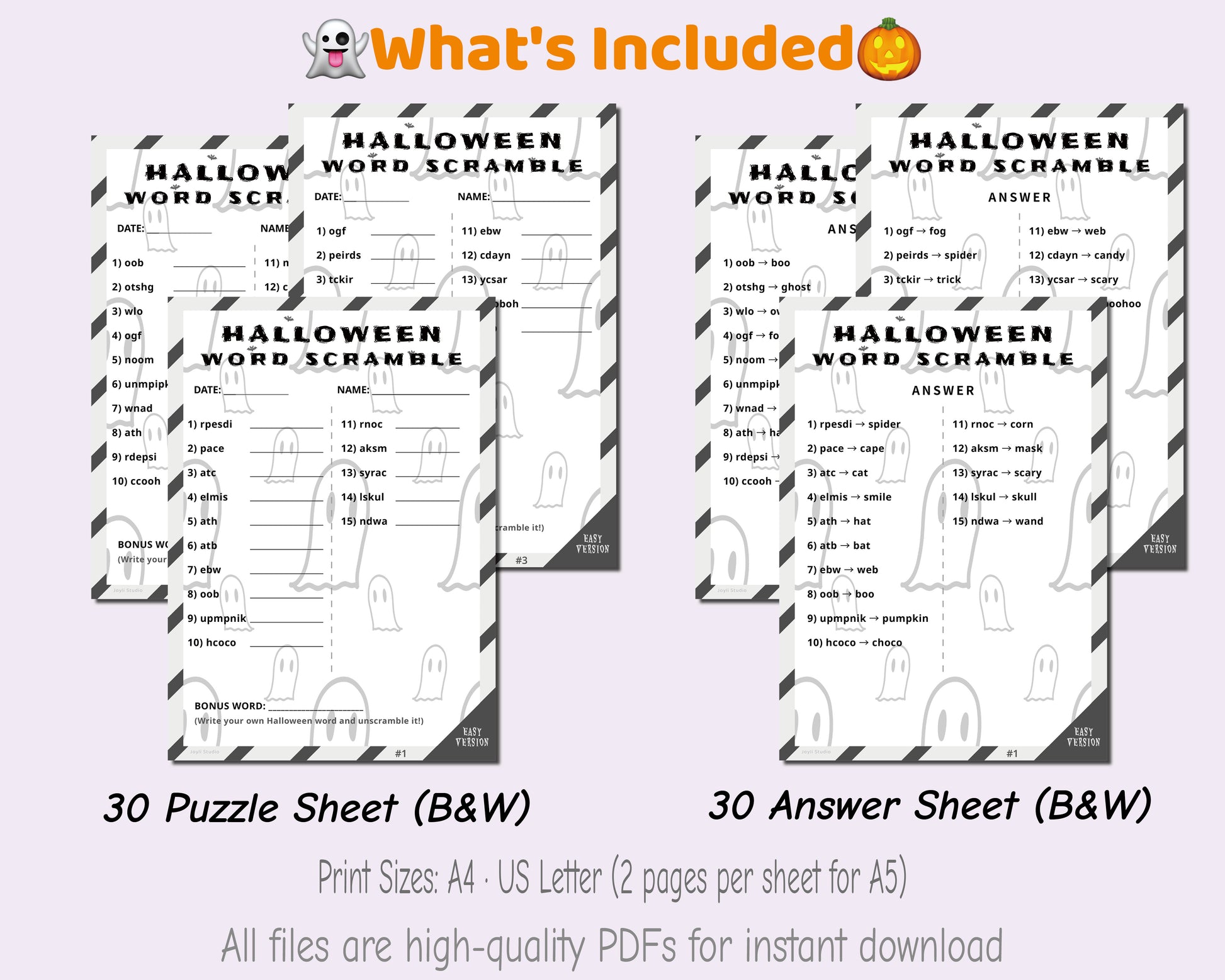 Printable Halloween Word Scramble Game for Kids – B&W PDF