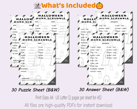 Printable Halloween Word Scramble Game for Kids – B&W PDF