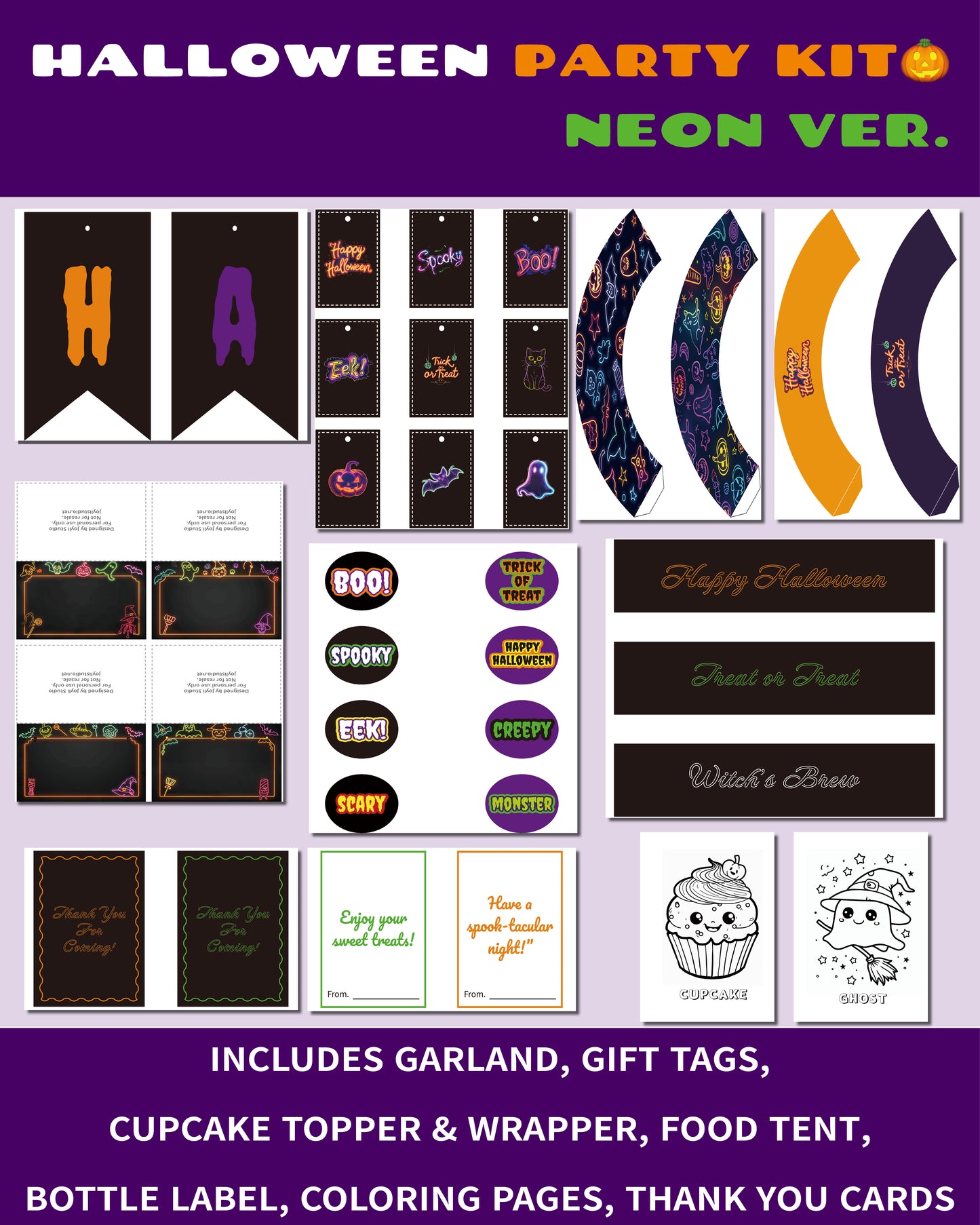 Halloween Party Kit Printable – Neon Version includes garland, gift tags, cupcake toppers, wrappers, bottle labels, food tent cards, coloring pages, and thank you cards. Perfect for Halloween parties, classrooms, and family fun.