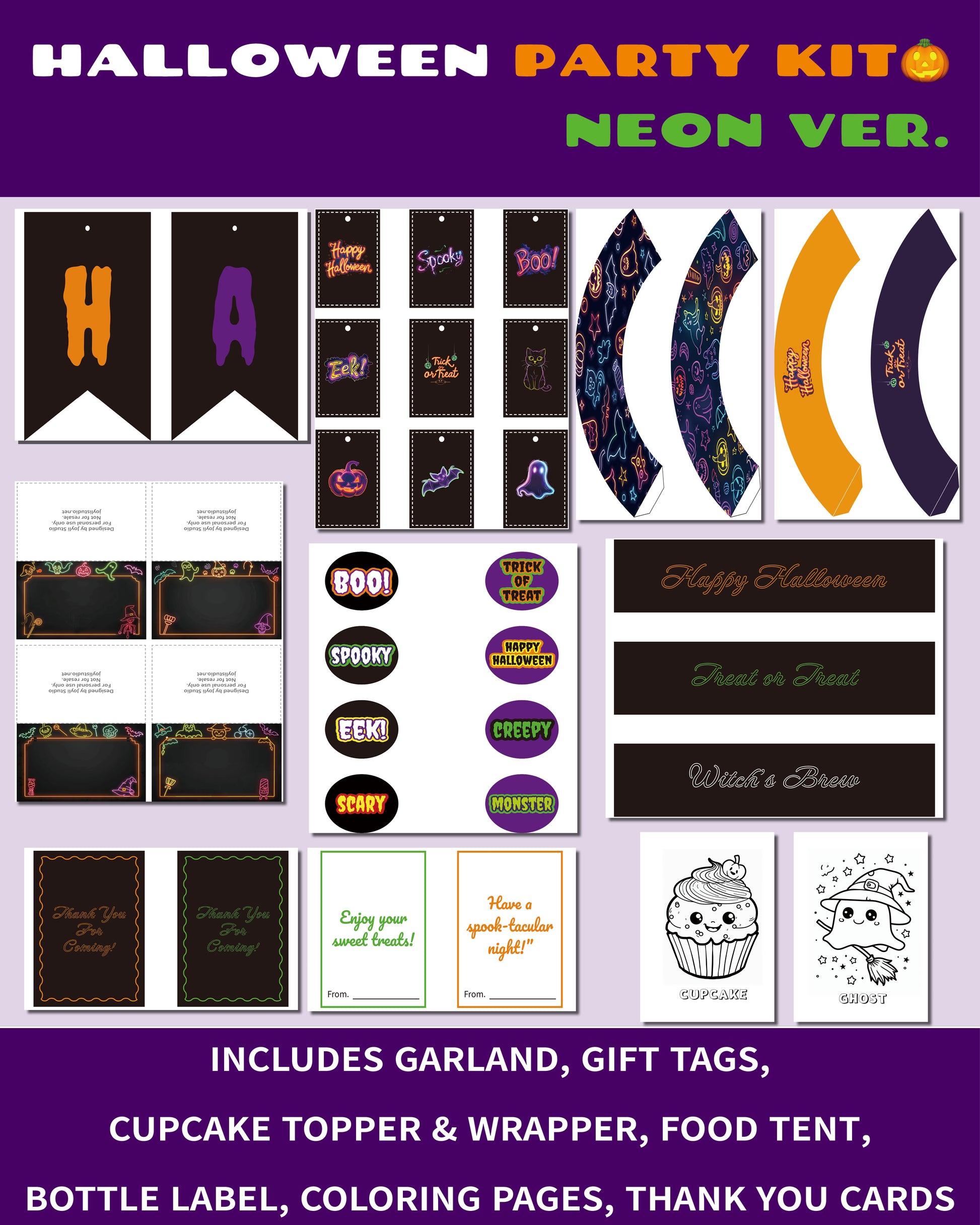 Halloween Party Kit Printable – Neon Version includes garland, gift tags, cupcake toppers, wrappers, bottle labels, food tent cards, coloring pages, and thank you cards. Perfect for Halloween parties, classrooms, and family fun.