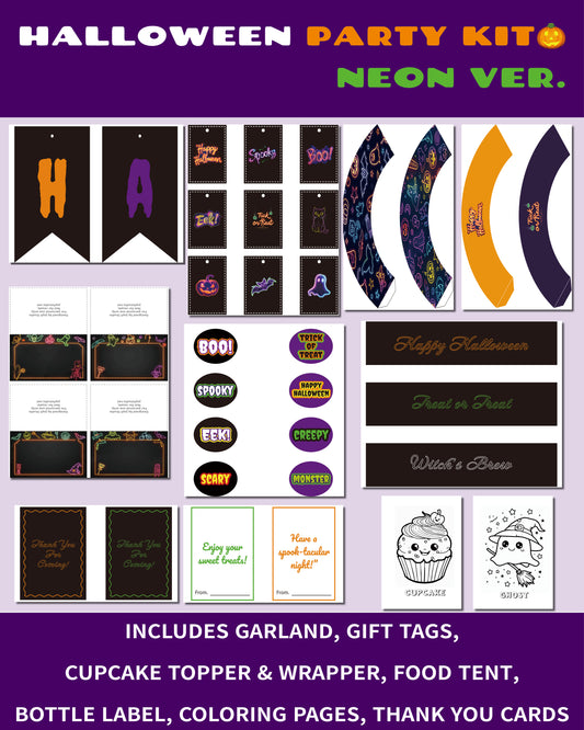 Halloween Party Kit Printable – Neon Version includes garland, gift tags, cupcake toppers, wrappers, bottle labels, food tent cards, coloring pages, and thank you cards. Perfect for Halloween parties, classrooms, and family fun.