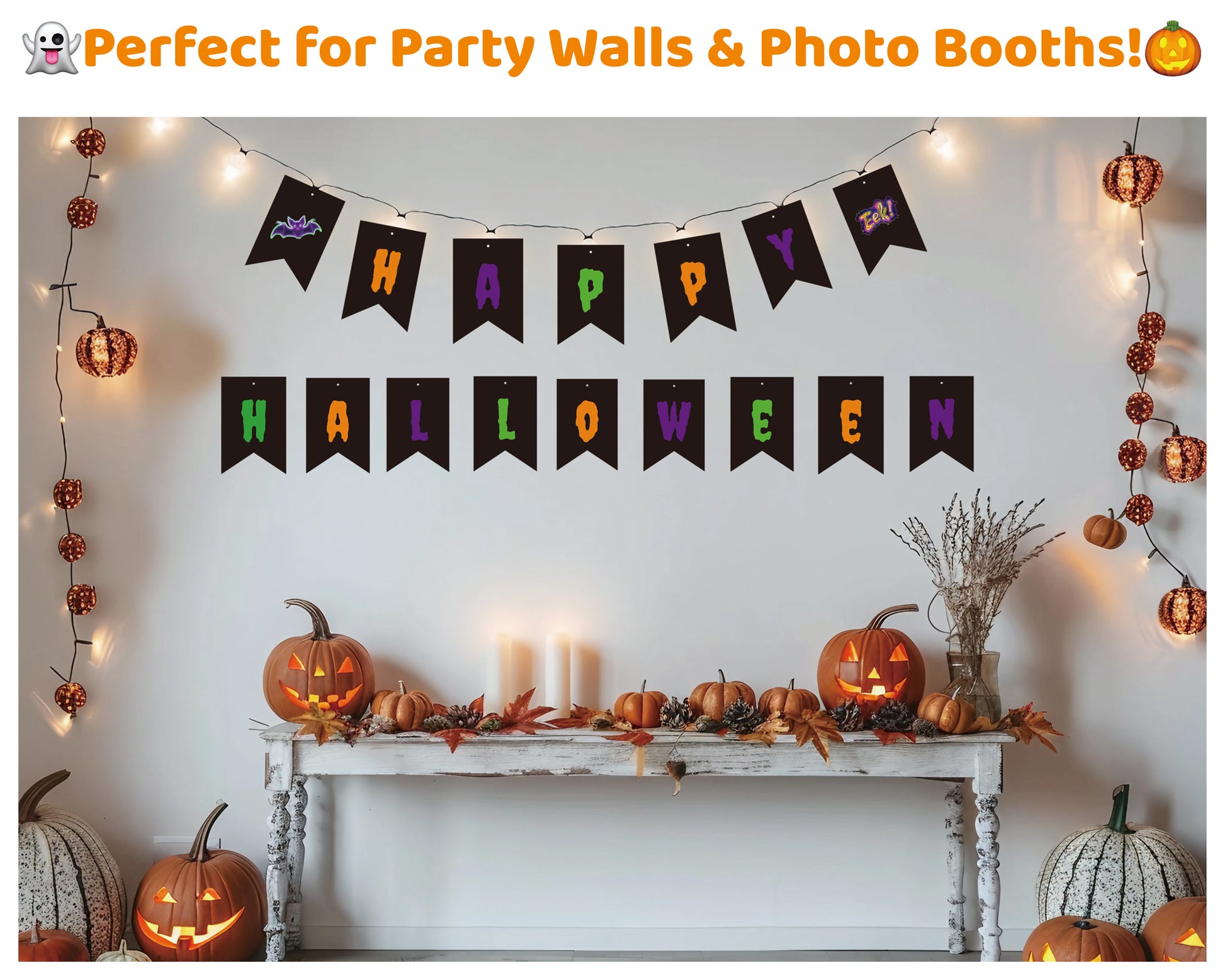 Halloween garland printable decoration on wall setup – shows how the neon banner looks in a real party scene with pumpkins and lights. Perfect for Halloween photo booths and party decor inspiration.