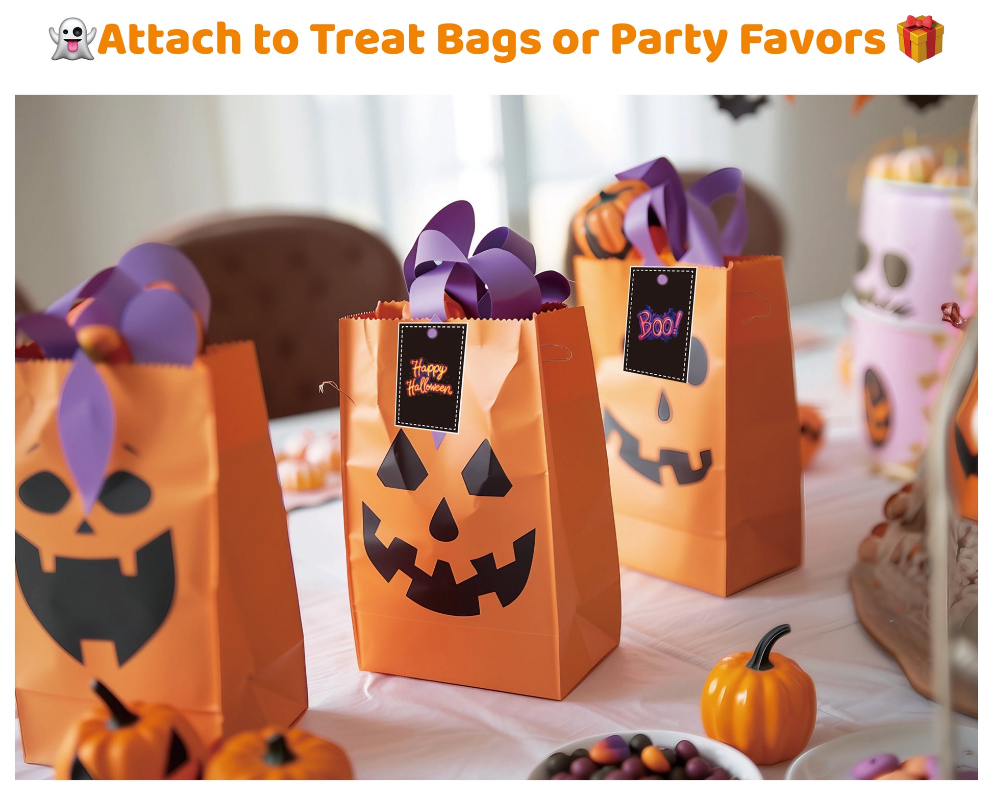 Halloween gift tags printable attached to pumpkin treat bags. Neon “Happy Halloween” and “Boo!” tags add a spooky touch to Halloween party favors or trick-or-treat bags.