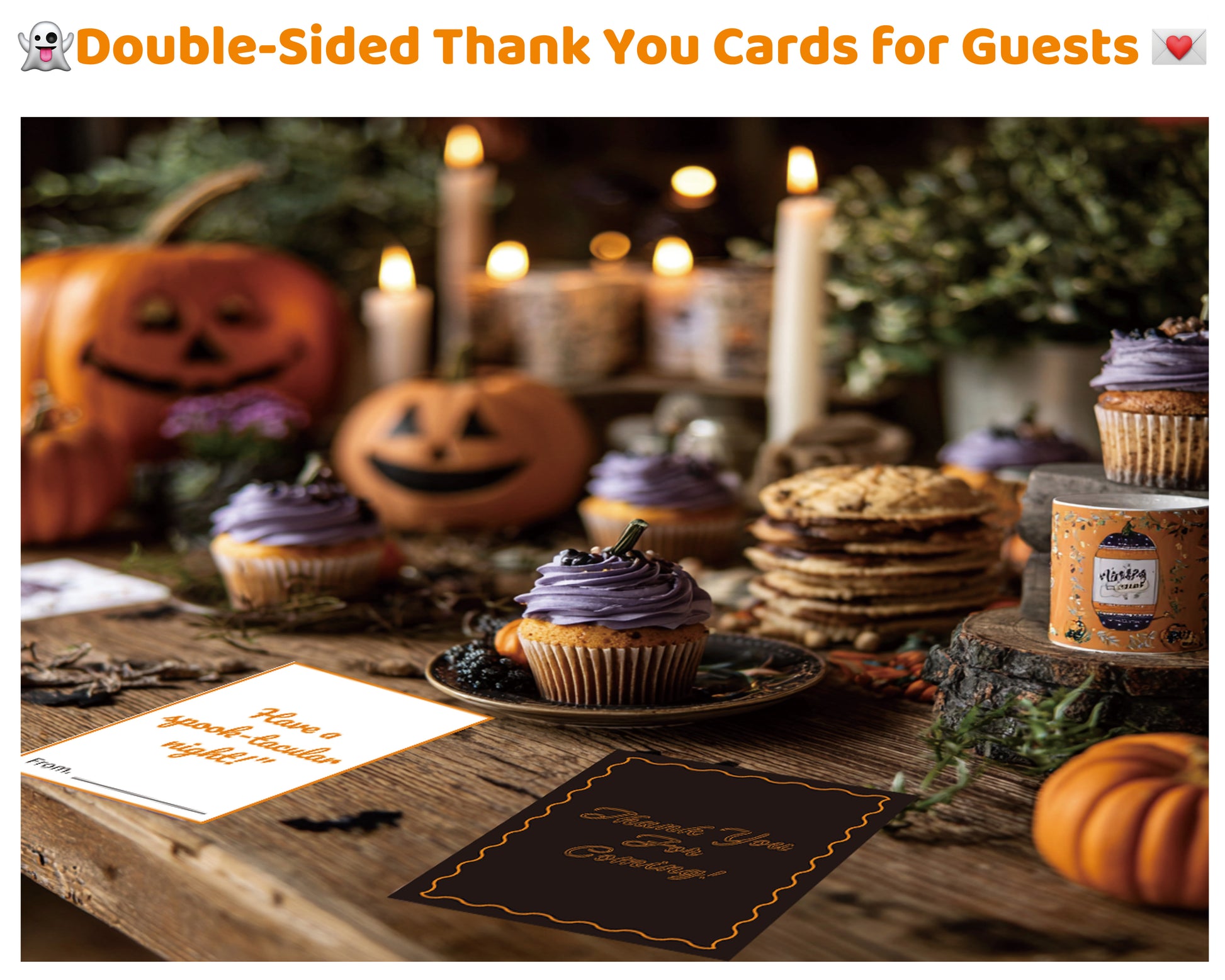 Halloween thank you cards printable displayed on dessert table with cupcakes and pumpkins. Double-sided cards with spooky messages, perfect for guests and party tables.