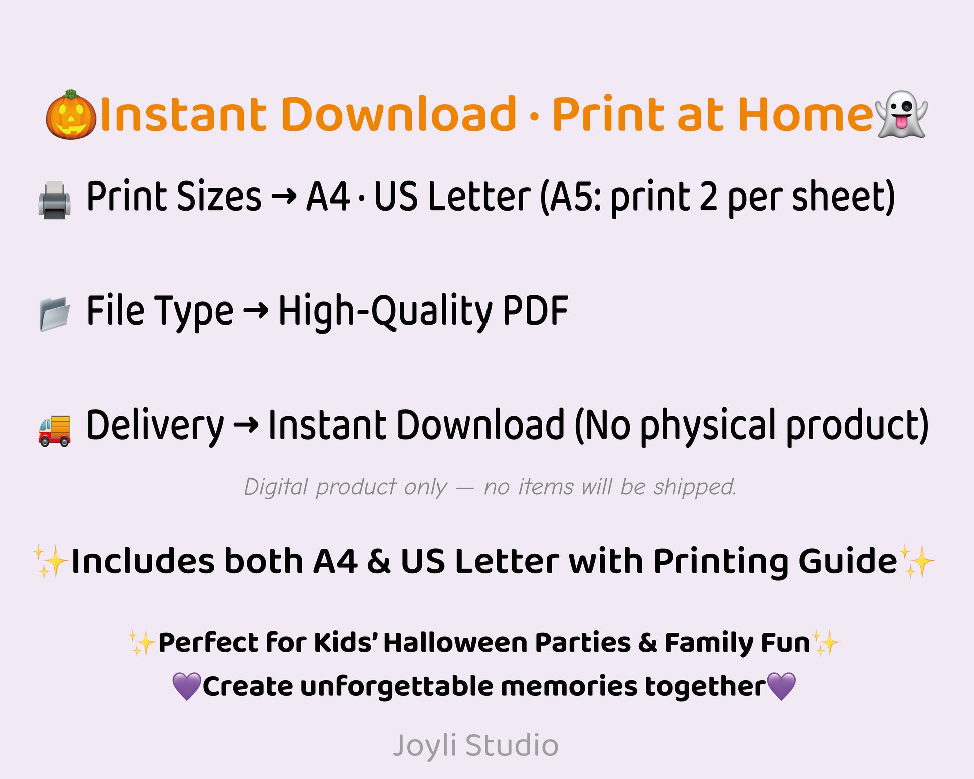 Halloween party kit printable details showing instant download, print-at-home instructions, and file info. Includes A4 and US Letter PDF files with printing guide for easy setup.