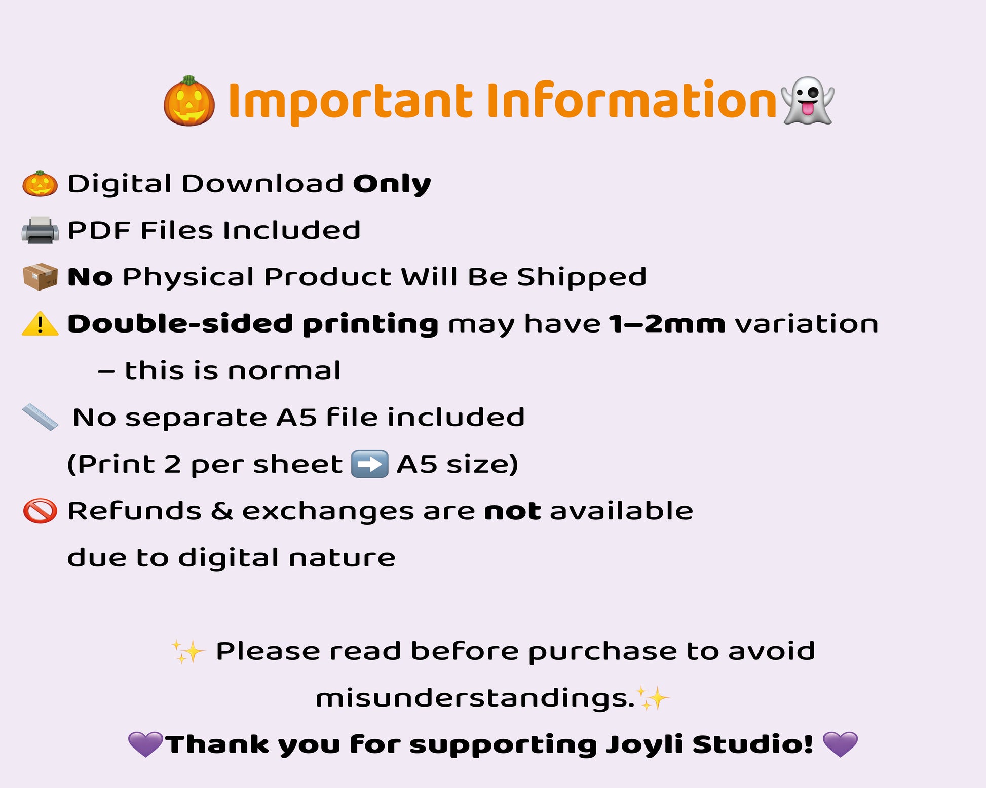 Halloween printable product information card for digital download. Lists file format, printing tips, and refund policy for Joyli Studio Halloween Party Kit.