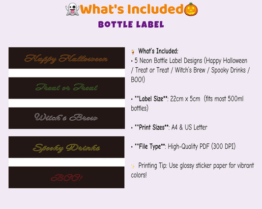 Halloween bottle labels printable – 5 neon designs with spooky phrases like “Happy Halloween” and “Witch’s Brew.” Fits most 500ml bottles, easy to print and wrap for party drinks.