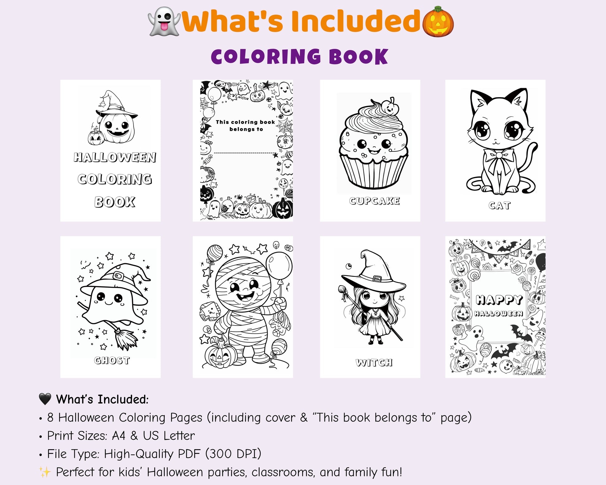 Halloween coloring pages for kids – cute ghosts, cupcakes, witches, and cats in doodle style. Perfect for classroom activities, party fun, or family coloring time.