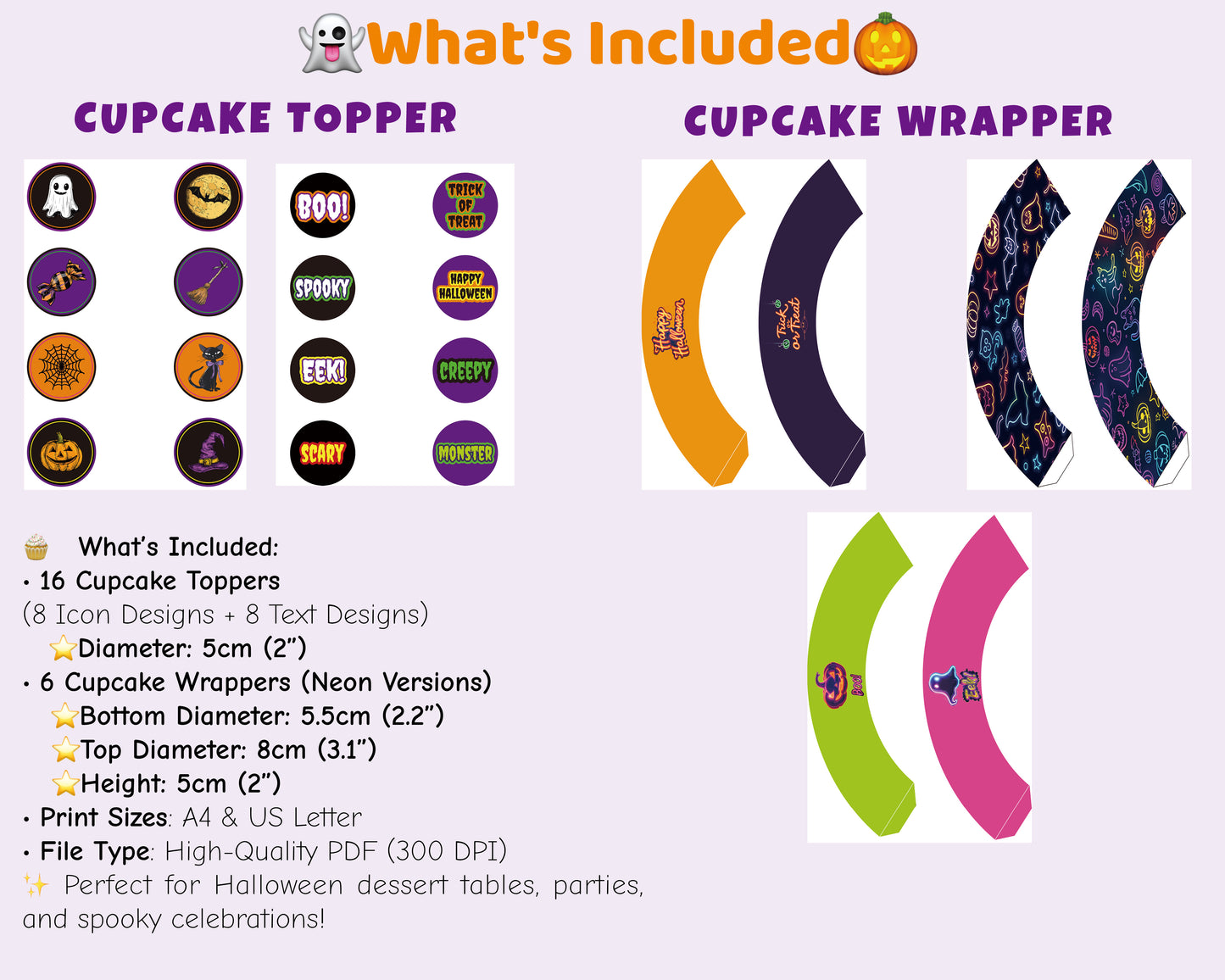Halloween cupcake toppers and wrappers – neon printable set with spooky icons and text designs. Ideal for dessert tables and party decorations.