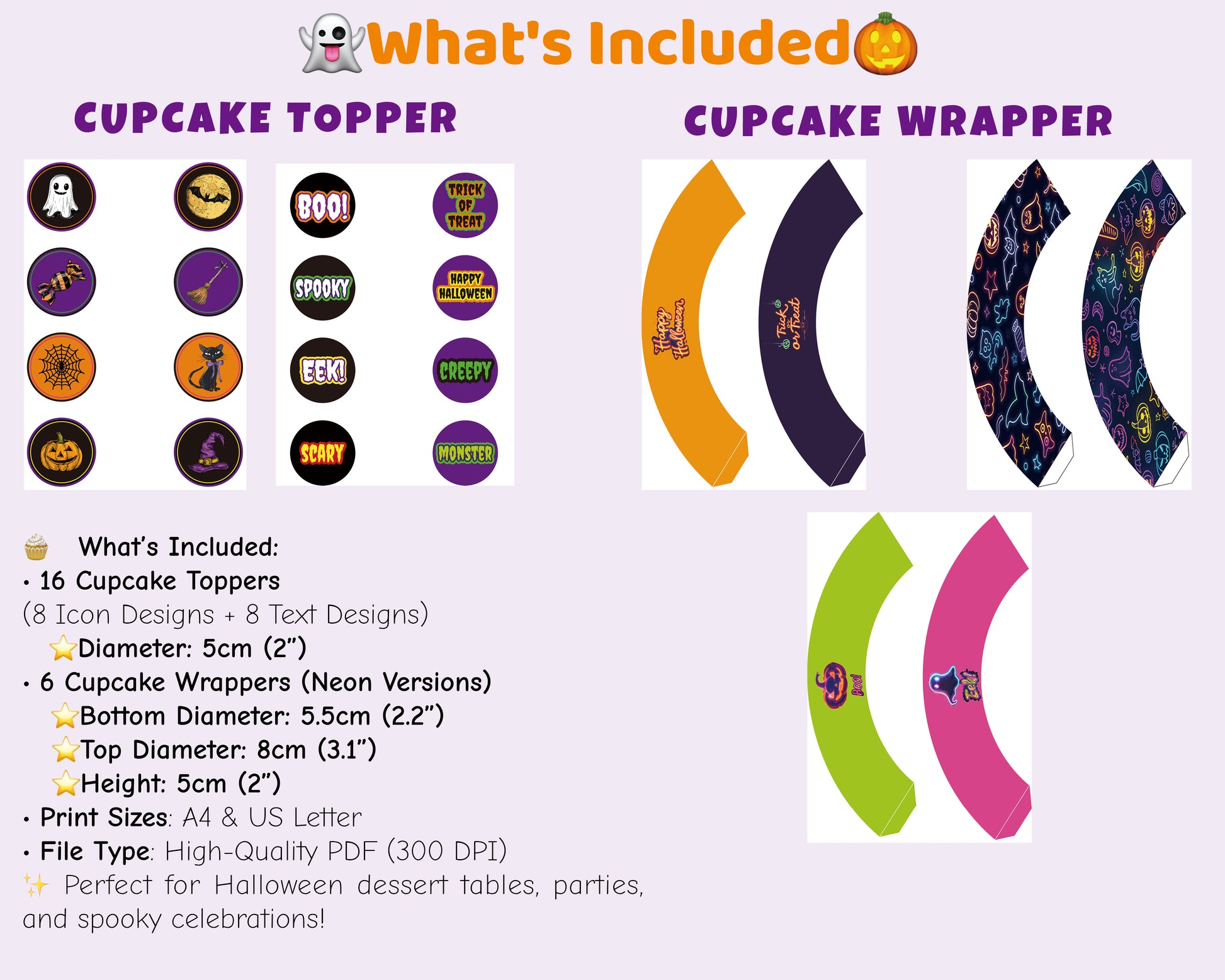 Halloween cupcake toppers and wrappers – neon printable set with spooky icons and text designs. Ideal for dessert tables and party decorations.
