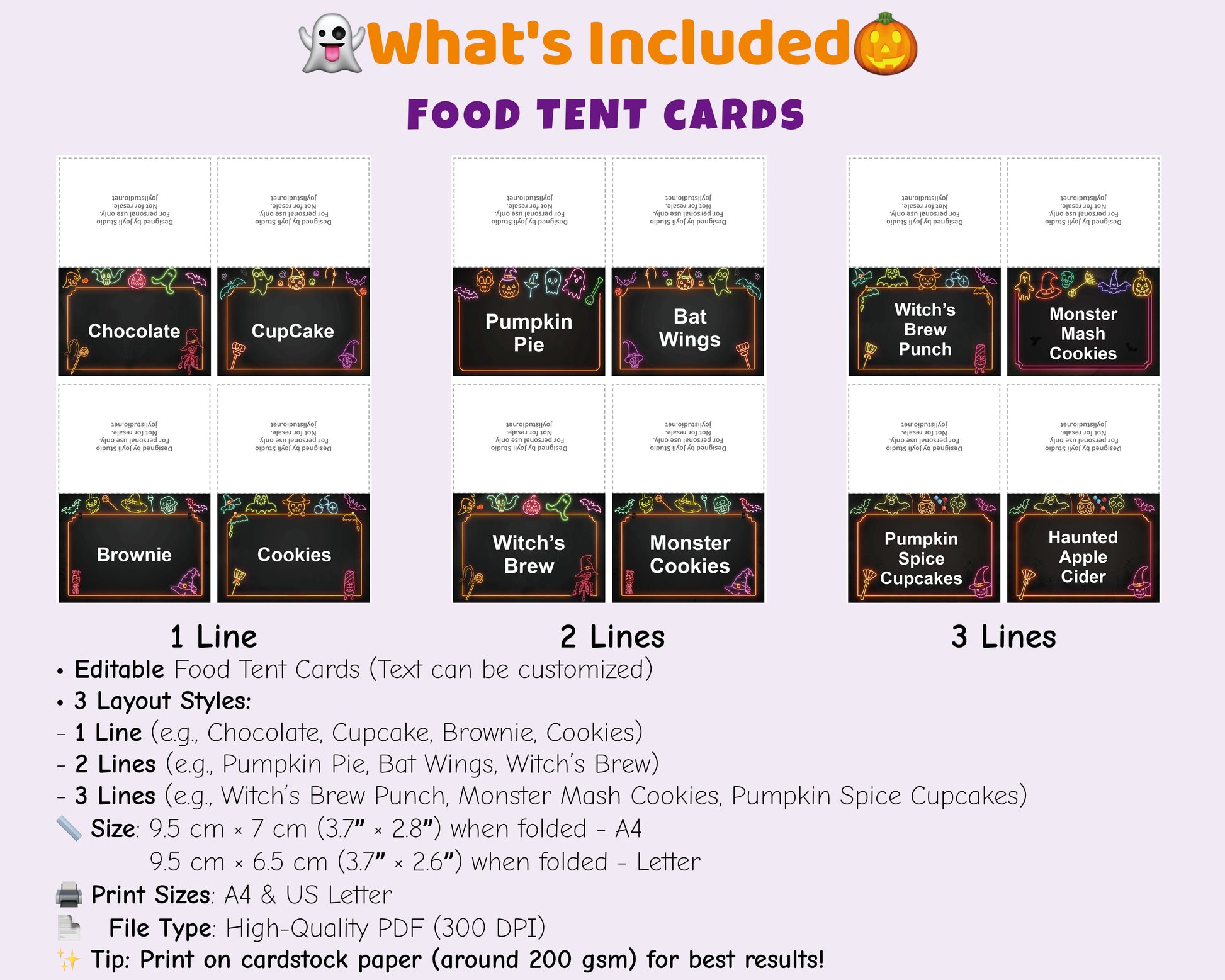 Editable Halloween food tent cards printable – neon chalkboard design with 1, 2, and 3-line text layouts. Great for labeling treats, snacks, and drinks at Halloween parties.